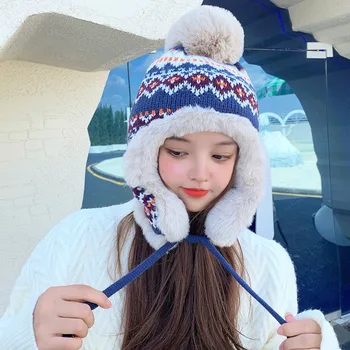 2022 Осенне-зимняя шерстяная шапка Женская Корейская ретро-ушная защита Thunderbolt Hat Зимняя теплая утолщенная вязаная шапка