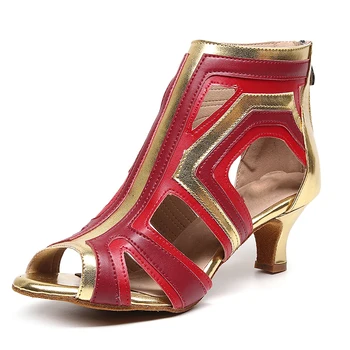 Женские красные и золотые танцевальные туфли для девочек, летние босоножки на высоком каблуке, кожа, замша, резина, Сальса, джаз, Латиноамериканские танцы, высота 6-11 см