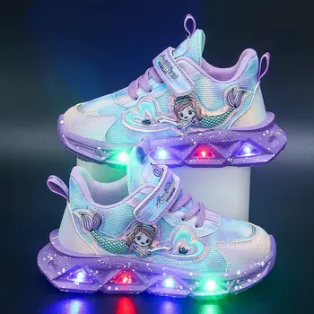 Детская спортивная обувь с подсветкой, милые мультяшные кроссовки для девочек-русалочек, светодиодные кроссовки для бега, Кожаная обувь для малышей