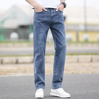 Бесплатная доставка 2022, мужские летние новые тонкие прямые джинсы со средней талией, эластичные свободные деловые повседневные брюки