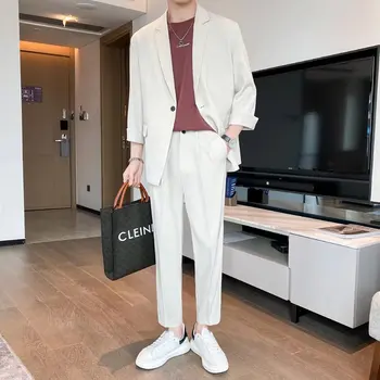 Роскошный повседневный мужской костюм, комплект из пиджака, уличная одежда, Элегантный Корейский однотонный комплект из 2 предметов с брюками, весеннее пальто и брюки для отдыха 2023