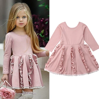 2019 Новогоднее платье принцессы для маленьких девочек, Кружевное платье трапециевидной формы с длинными рукавами, розовыми оборками и кисточками, от 2 до 7 лет