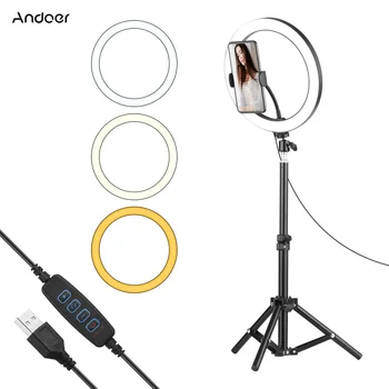 Andoer 10-дюймовая светодиодная кольцевая лампа для фотосъемки с питанием от USB и 50-сантиметровой подставкой + адаптер с шаровой головкой для прямой трансляции макияжа селфи