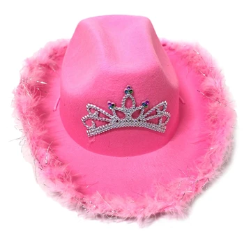 Украшенная блестками Ковбойская шляпа розового цвета, украшенная Тиарой, Фетровая шляпа с опушкой из перьев, шляпы для женщин, Шерстяные шляпы в европейском стиле