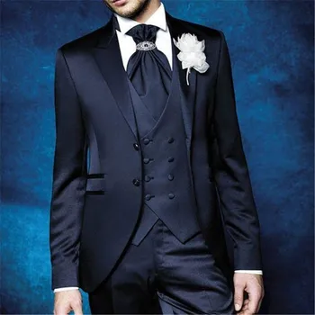 Темно-синие вечерние мужские костюмы для свадьбы 3 шт. (пиджак + брюки + жилет + галстук) Новейший дизайн, приталенный блейзер для жениха, брюки на заказ, праздничная одежда