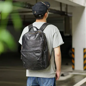 Повседневный модный роскошный черный рюкзак из натуральной кожи большой емкости, дизайнерский мужской рюкзак для ноутбука из натуральной воловьей кожи для путешествий на открытом воздухе
