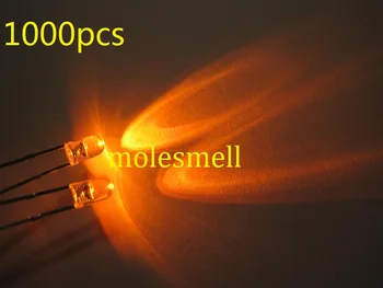 1000шт 3 мм оранжевых круглых светодиодных ламп без фланцев, ярких, прозрачных для воды, 2-контактных