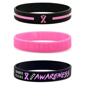 300шт Осознание рака молочной железы Розовой лентой, символизирующей Надежду, мужество, силу, поддержку, Черные Резиновые браслеты, Силиконовые браслеты