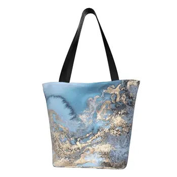 Синяя Золотая Мраморная текстура, сумка для покупок, холщовая сумка для покупок, сумка через плечо, Большая вместительная сумка с геометрическим абстрактным рисунком, Сумка
