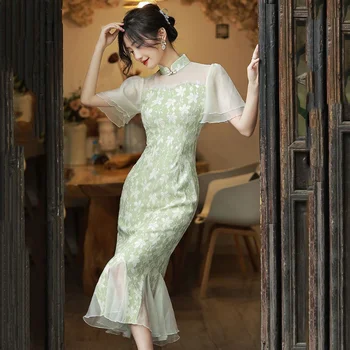 Элегантное Зеленое Модифицированное платье Cheongsam 2023 в Китайском стиле, Летнее Кружевное Платье с коротким рукавом, Женское Тонкое Облегающее Вечернее платье со строчкой в виде рыбьего хвоста