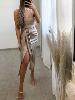 Сексуальная атласная юбка на шнуровке с разрезом для женщин офисная элегантная однотонная плиссированная юбка с высокой талией 2022 Летняя женская модная юбка для вечеринок