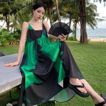 2023 Корейское шикарное и элегантное Черно-зеленое вечернее платье с галстуком для женщин, сексуальное Свободное Богемное платье с открытой спиной, длинное платье