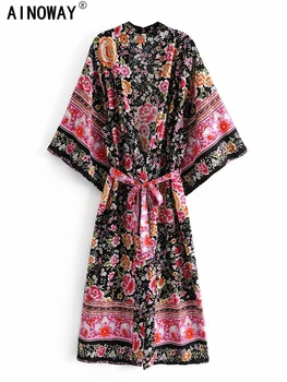 Черные пояса с цветочным принтом, Винтажное Шикарное Женское Богемное Кимоно с рукавами 