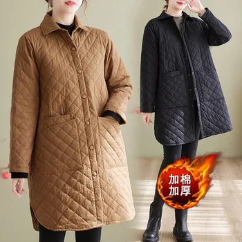 Женская рубашка средней длины с хлопчатобумажным пальто Осень Зима 2022 Модная Новая Свободная Повседневная одежда Diamond Lightweight Warm H115