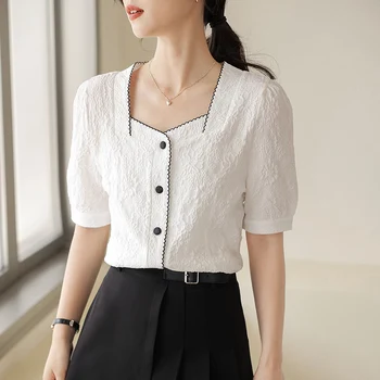 Модная женская блузка, элегантный винтажный белый жаккардовый шифоновый топ с пышными рукавами, Лето 2023, Офисные женские вечерние рубашки