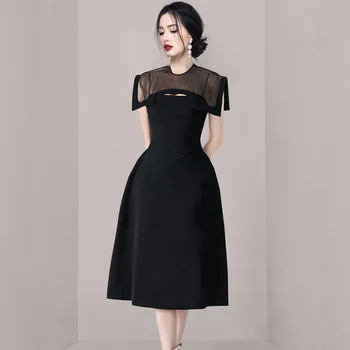 Летнее Новое черное платье с высокой талией, платье на подтяжках 2023, Маленькое женское платье средней длины без рукавов с шалью, тонкая шаль,