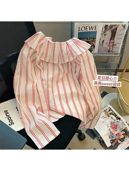Милая Классическая женская рубашка в полоску в стиле ретро, свободная повседневная рубашка с гофрированным воротником, женская Harajuku 2023, Весенний винтажный шик