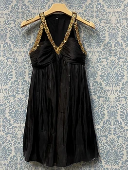 Новейшее модное дизайнерское платье HIGH STREET 2023, женское платье из органзы с V-образным вырезом без рукавов, расшитое бисером
