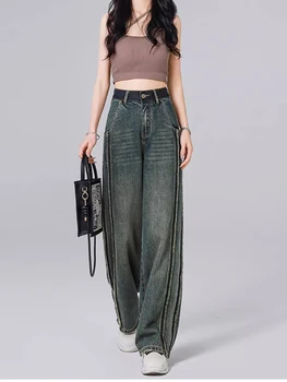 Джинсы Y2K Harajuku, уличная одежда с высокой талией, мешковатые джинсы, женские брюки, прямые джинсы с широкими штанинами, джинсы с необработанным краем в стиле пэчворк