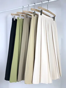 Плиссированная юбка из однотонного костюмного материала на весну-лето 2023, Новая юбка трапециевидной формы с эластичным поясом и большим подолом с драпировкой средней длины