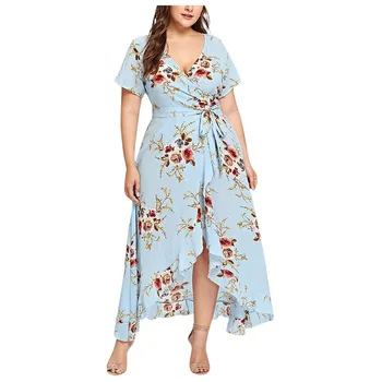 Женское летнее платье большого размера, повседневное платье с принтом в стиле бохо, короткий рукав, с оборками, цветочное платье-сарафан нестандартной формы XL-5XL