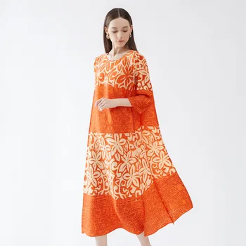 Платье с принтом 2023, круглый вырез, рукав из семи точек, Свободное плиссированное стрейчевое платье, женское