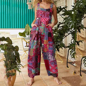 Женский летний комбинезон, многоцветный повседневный комбинезон без рукавов с квадратным вырезом и карманами в этническом стиле для леди уличной одежды
