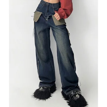 2023 Американские джинсы для мам в стиле ретро, широкие брюки, потертые джинсы бойфренда в стиле пэчворк для женщин, джинсовые брюки Корейской моды