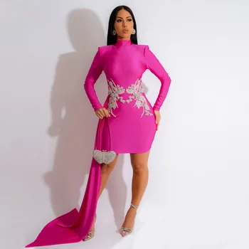 Felyn 2023, модное дизайнерское платье лучшего качества, однотонное, с вышивкой, драпированное, с круглым вырезом и длинным рукавом, сексуальное клубное мини-платье Vestidos
