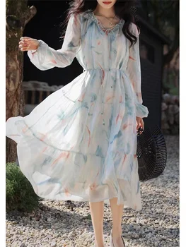 2023 Весеннее новое платье с принтом в виде рукава-фонарика, женские элегантные и высококачественные длинные платья нежной феи