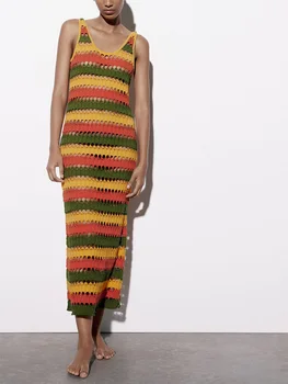Летние Длинные платья для женщин 2023, пляжное полосатое ажурное трикотажное платье на бретелях без рукавов с круглым вырезом, праздничное макси-платье