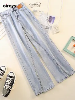 Женские расклешенные брюки Circyy Jeans с высокой талией, джинсовые брюки с разрезами, синие уличные брюки полной длины Y2K Fashion, новинка весны 2023 года