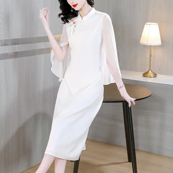 2023 Новое Однотонное Улучшенное платье Ципао Женская Летняя мода с коротким рукавом свободного покроя Китайское банкетное платье Vestidos