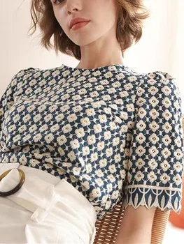 Летняя женская рубашка с вышивкой цветами 2022, Новая женская хлопчатобумажная элегантная блузка с кружевной отделкой с пышными рукавами и топы-сорочки