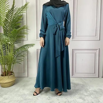 Модная исламская одежда с оборками, однотонная, с высокой талией, элегантное женское мусульманское платье с длинным рукавом