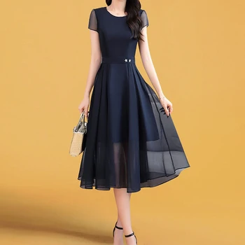 Темно-синее Шифоновое платье трапециевидной формы, Весенне-летнее модное платье 2023, Женское Элегантное повседневное платье в корейском стиле с коротким рукавом и круглым вырезом