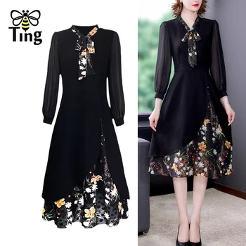Tingfly Винтажное элегантное платье с цветочным принтом, весенне-осеннее черное платье длиной до колена, женское платье большого размера, Vestidos Zaful Robes, одежда