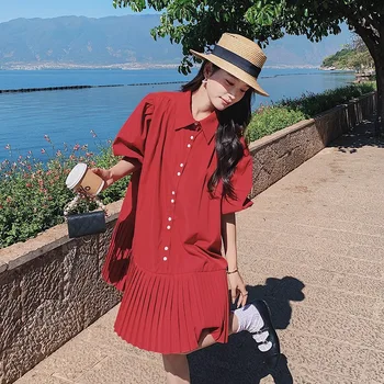 Красное платье-рубашка в складку с лацканами и короткими рукавами для женщин 2023, летние Элегантные Модные Корейские повседневные Свободные платья 7780