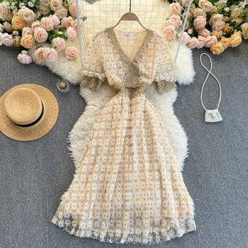 Женское дизайнерское платье с вышивкой SINGREINY, Корейское платье с V-образным вырезом и коротким рукавом, кружевные платья трапециевидной формы, летнее элегантное модное вечернее платье