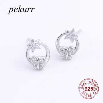 Pekurr, серебро 925 пробы, Полая круглая звезда и бабочка, серьги-гвоздики для женщин, модные украшения из циркона, подарки для девочек
