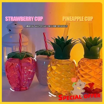 500 мл Летняя Милая чашка для воды в форме фруктов, клубники и ананаса, мультфильм с соломинкой, бутылка для воды для детей и взрослых, Розовый Портативный чайник