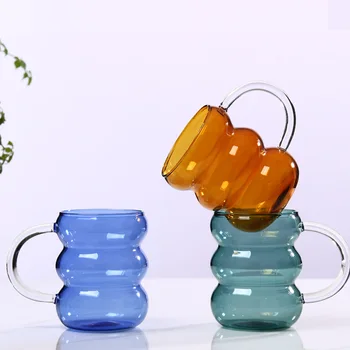 Цветная кружка из термостойкого стекла, чашка с волнистым сине-янтарным отливом, прозрачная ручка, кружка для воды, сока, кофе, 1 шт.