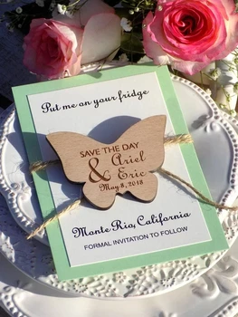 персонализируйте имена, деревянную карточку с выгравированной датой, сохраните дату, магниты для приглашений на свадьбу, изготовленный на заказ деревянный магнит с бабочкой