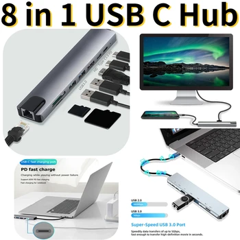 8 в 1 USB C Концентратор USB3.0 С RJ45 SD/TF Кард-Ридер Type C До 4k HDMI Док-Станция Быстрая Зарядка Для Аксессуаров Ноутбуков MacBook