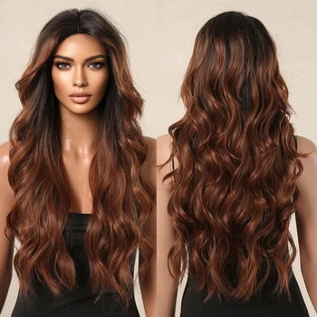 Длинный медно-коричневый волнистый кружевной парик Омбре Коричневый Синтетический парик средней части, связанный вручную по линии роста волос, кружевной парик для женщин естественного вида