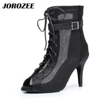 Женские черные атласные сапоги для латиноамериканских танцев JOROZEE с сеткой для сальсы, бальные туфли для вечеринок На высоком каблуке 8,5 см, мягкая подошва 2023 г.