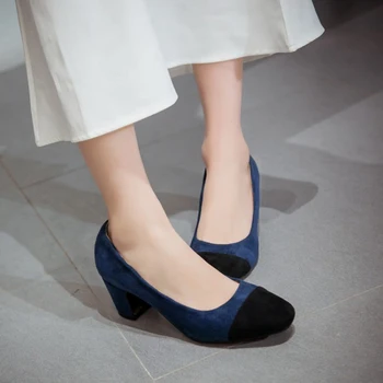 Женская обувь из флока смешанных цветов, элегантные женские туфли на высоком квадратном каблуке, корейская обувь с квадратным носком, femme zapatos mujer 2019