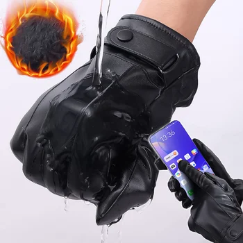 Мужские варежки Черные Зимние Теплые перчатки с сенсорным экраном Плюс флисовые ветрозащитные перчатки для вождения Мужские осенне-зимние перчатки из искусственной кожи