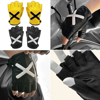 Перчатки для вождения на велосипеде, мотоцикле, полупальцах, ретро-перчатки без пальцев, мужские перчатки для водителя, перчатки из овчины, черный / желтый D7YA