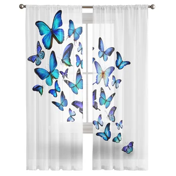 Голубой цветок Мэгги, летающие крылья бабочки, тюлевые занавески для гостиной, спальни, современной кухни, прозрачные занавески для вуалевых штор
